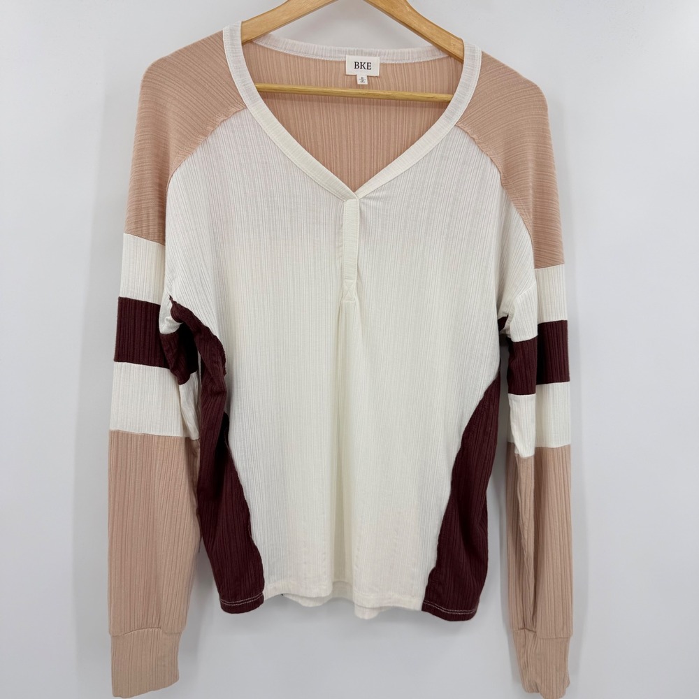 BKE Womens Ribbed Henley Top Colorblock Long Sleeve Cream Tan Burgundy Small